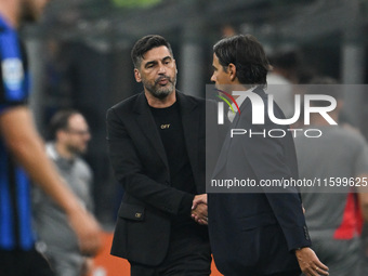 Paulo Fonseca of AC Milan and coach Simone Inzaghi of Inter FC during the Italian Serie A football match between Inter FC and AC Milan in Mi...