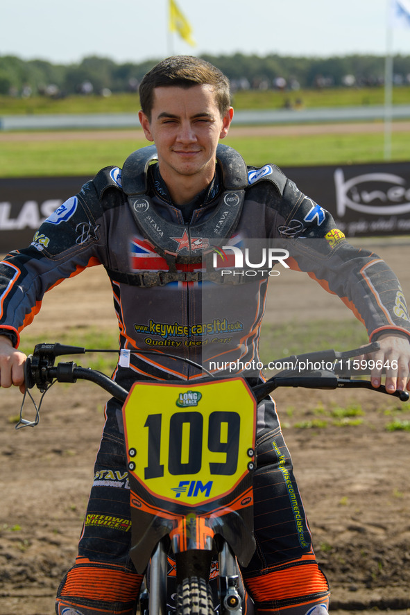 Zach Wajtknecht (109) of Great Britain during the FIM Long Track World Championship Final 5 at the Speed Centre Roden in Roden, Netherlands,...