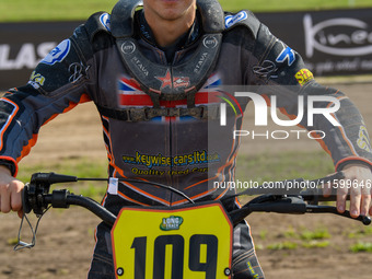 Zach Wajtknecht (109) of Great Britain during the FIM Long Track World Championship Final 5 at the Speed Centre Roden in Roden, Netherlands,...