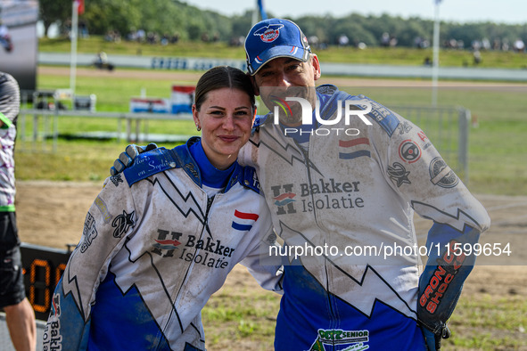 Wilfred Detz and Britget Portijk of The Netherlands participate in the FIM Long Track World Championship Final 5 at the Speed Centre Roden i...