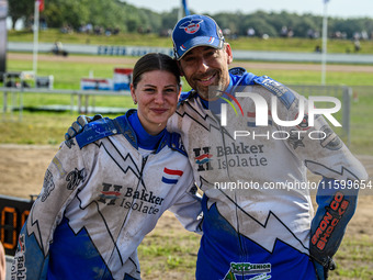 Wilfred Detz and Britget Portijk of The Netherlands participate in the FIM Long Track World Championship Final 5 at the Speed Centre Roden i...