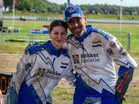 Wilfred Detz and Britget Portijk of The Netherlands participate in the FIM Long Track World Championship Final 5 at the Speed Centre Roden i...