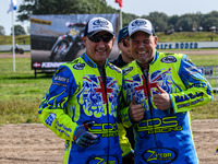 Mitch Goddard and Paul Smith (9) of Great Britain participate in the FIM Long Track World Championship Final 5 at the Speed Centre Roden in...