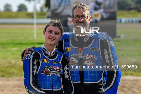 Kenny Van Eeckhout and Axelle Cannaerts (18) of Belgium during the FIM Long Track World Championship Final 5 at the Speed Centre Roden in Ro...