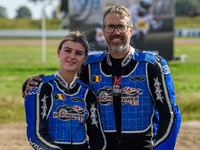 Kenny Van Eeckhout and Axelle Cannaerts (18) of Belgium during the FIM Long Track World Championship Final 5 at the Speed Centre Roden in Ro...