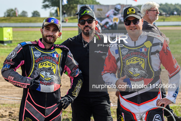 Jeremy Malpeyre and Dylan Bouillard (21) of France participate in the FIM Long Track World Championship Final 5 at the Speed Centre Roden in...