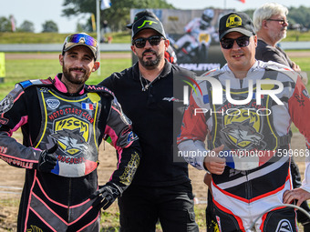 Jeremy Malpeyre and Dylan Bouillard (21) of France participate in the FIM Long Track World Championship Final 5 at the Speed Centre Roden in...