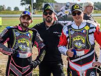 Jeremy Malpeyre and Dylan Bouillard (21) of France participate in the FIM Long Track World Championship Final 5 at the Speed Centre Roden in...