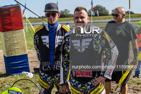 Joachim Martens and Des Vanzonhoven (61) of Belgium participate in the FIM Long Track World Championship Final 5 at the Speed Centre Roden i...