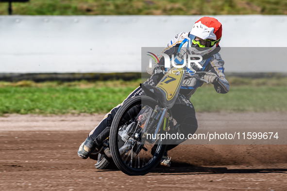 Henri Ahlbom (97) of Finland is in action during the FIM Long Track World Championship Final 5 at the Speed Centre Roden in Roden, Netherlan...