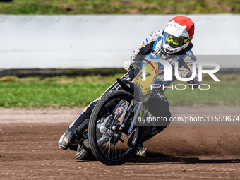 Henri Ahlbom (97) of Finland is in action during the FIM Long Track World Championship Final 5 at the Speed Centre Roden in Roden, Netherlan...