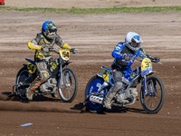 Chris Harris (37) of Great Britain in white leads Mika Meijer (54) of The Netherlands in blue during the FIM Long Track World Championship F...