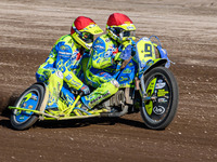 Mitch Goddard and Paul Smith (9) of Great Britain lead the sidecar final in the Sidecar Support Class during the FIM Long Track World Champi...