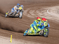 Mitch Goddard and Paul Smith (9) of Great Britain in red lead Wilfred Detz and Britget Portijk (1) of The Netherlands in blue in the Sidecar...