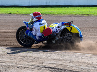 Wilfred Detz and Britget Portijk of the Netherlands are in action during the FIM Long Track World Championship Final 5 at the Speed Centre R...