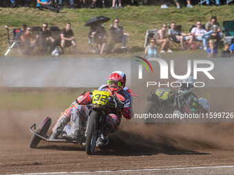 Clement & Romain Furet (32) of France in black and white lead Josh & Scott Goodwin (3) of Great Britain in white during the FIM Long Track W...