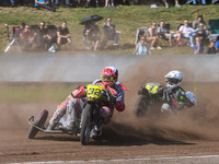 Clement & Romain Furet (32) of France in black and white lead Josh & Scott Goodwin (3) of Great Britain in white during the FIM Long Track W...