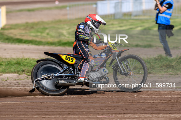 Zach Wajtknecht (109) of Great Britain is in action during the FIM Long Track World Championship Final 5 at the Speed Centre Roden in Roden,...