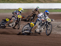 Hynek Stichauer (86) of the Czech Republic in blue leads Zach Wajtknecht (109) of Great Britain in yellow and Henri Ahlbom (97) of Finland i...