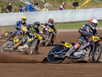 Zach Wajtknecht (109) of Great Britain in Red leads Mika Meijer (54) of The Netherlands in White, Kenneth Kruse Hansen (333) of Denmark in G...