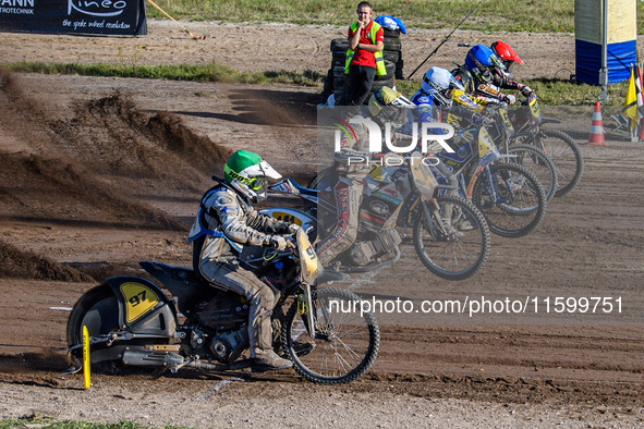 Start of the last chance heat: (L to R) Henri Ahlbom (97) of Finland in Green, Andrew Appleton (141) of Great Britain in Yellow, Chris Harri...