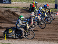 Start of the last chance heat: (L to R) Henri Ahlbom (97) of Finland in Green, Andrew Appleton (141) of Great Britain in Yellow, Chris Harri...