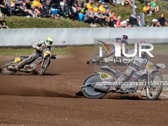 Andrew Appleton (141) of Great Britain in red leads Henri Ahlbom (97) of Finland in yellow and Jacob Bukhave (79) of Denmark in white during...