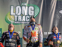 The top three participate in the fountain during the FIM Long Track World Championship Final 5 at the Speed Centre Roden in Roden, Netherlan...