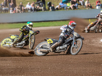 Hynek Stichauer (86) of the Czech Republic in red leads Tero Aarnio (44) of Finland in green during the FIM Long Track World Championship Fi...