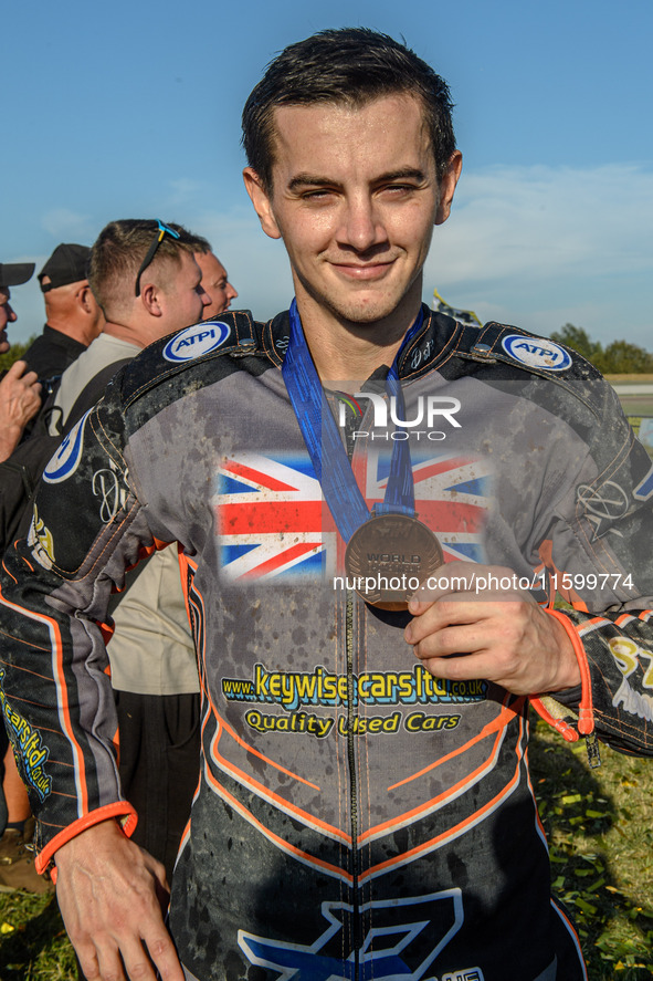 Zach Wajtknecht (109) of Great Britain with his bronze medal during the FIM Long Track World Championship Final 5 at the Speed Centre Roden...