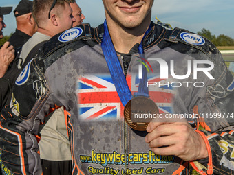 Zach Wajtknecht (109) of Great Britain with his bronze medal during the FIM Long Track World Championship Final 5 at the Speed Centre Roden...