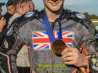 Zach Wajtknecht (109) of Great Britain with his bronze medal during the FIM Long Track World Championship Final 5 at the Speed Centre Roden...