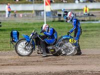 Kenny Van Eeckhout and Axelle Cannaerts of Belgium suffer mechanical difficulties in the Sidecar Support Class during the FIM Long Track Wor...