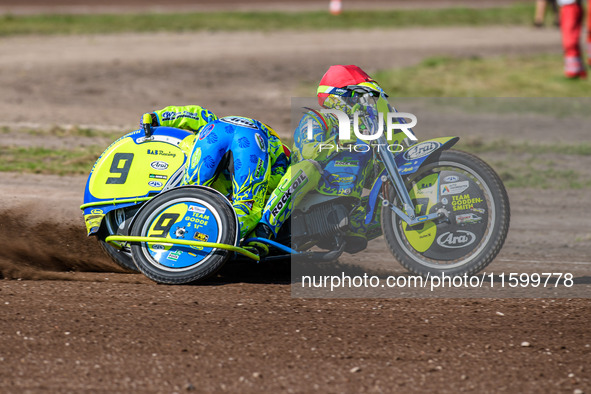 Mitch Goddard and Paul Smith (9) of Great Britain participate in the Sidecar Support Class during the FIM Long Track World Championship Fina...