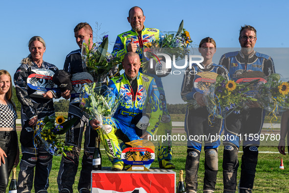 Sidecar top 3: (L to R) Mike Frederiksen & Jette Maersk (6) of Denmark (second), Mitch Goddard & Paul Smith (9) of Great Britain (winners),...