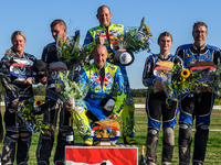 Sidecar top 3: (L to R) Mike Frederiksen & Jette Maersk (6) of Denmark (second), Mitch Goddard & Paul Smith (9) of Great Britain (winners),...