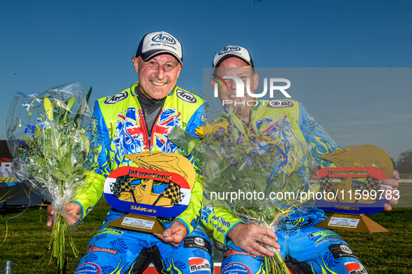 Sidecar Support Class winners Mitch Goddard and Paul Smith (9) of Great Britain during the FIM Long Track World Championship Final 5 at the...