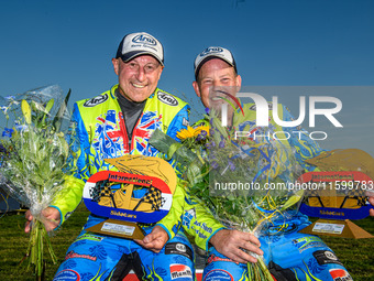 Sidecar Support Class winners Mitch Goddard and Paul Smith (9) of Great Britain during the FIM Long Track World Championship Final 5 at the...