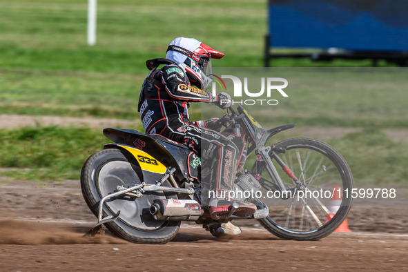 Kenneth Kruse Hansen (333) of Denmark is in action during the FIM Long Track World Championship Final 5 at the Speed Centre Roden in Roden,...