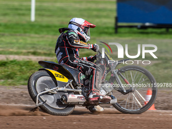 Kenneth Kruse Hansen (333) of Denmark is in action during the FIM Long Track World Championship Final 5 at the Speed Centre Roden in Roden,...