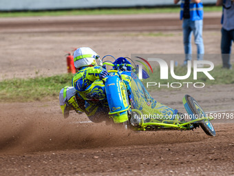 Mitch Goddard and Paul Smith (9) of Great Britain are in action during the FIM Long Track World Championship Final 5 at the Speed Centre Rod...