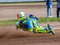 Mitch Goddard and Paul Smith (9) of Great Britain are in action during the FIM Long Track World Championship Final 5 at the Speed Centre Rod...