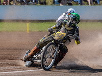 Mika Meijer (54) of The Netherlands in green leads Hynek Stichauer (86) of Czech Republic in white during the FIM Long Track World Champions...