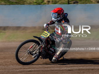 Kenneth Kruse Hansen (333) of Denmark is in action during the FIM Long Track World Championship Final 5 at the Speed Centre Roden in Roden,...