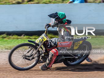 Lukas Fienhage (125) of Germany is in action during the FIM Long Track World Championship Final 5 at the Speed Centre Roden in Roden, Nether...