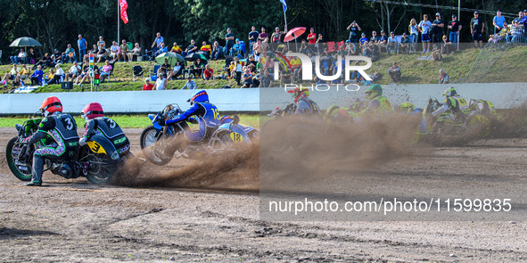 The restart of the fourth sidecar heat: (L to R) Josh & Scott Goodwin (3) of Great Britain in Red, Kenny Van Eeckhout & Axelle Cannaerts (18...