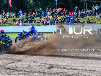 The restart of the fourth sidecar heat: (L to R) Josh & Scott Goodwin (3) of Great Britain in Red, Kenny Van Eeckhout & Axelle Cannaerts (18...