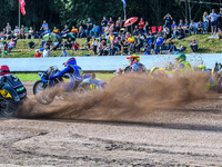 The restart of the fourth sidecar heat: (L to R) Josh & Scott Goodwin (3) of Great Britain in Red, Kenny Van Eeckhout & Axelle Cannaerts (18...