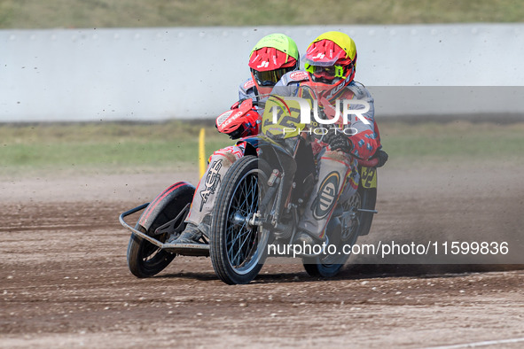 Clement and Romain Furet (32) of France compete in the Sidecar Support Class during the FIM Long Track World Championship Final 5 at the Spe...