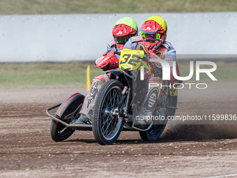 Clement and Romain Furet (32) of France compete in the Sidecar Support Class during the FIM Long Track World Championship Final 5 at the Spe...